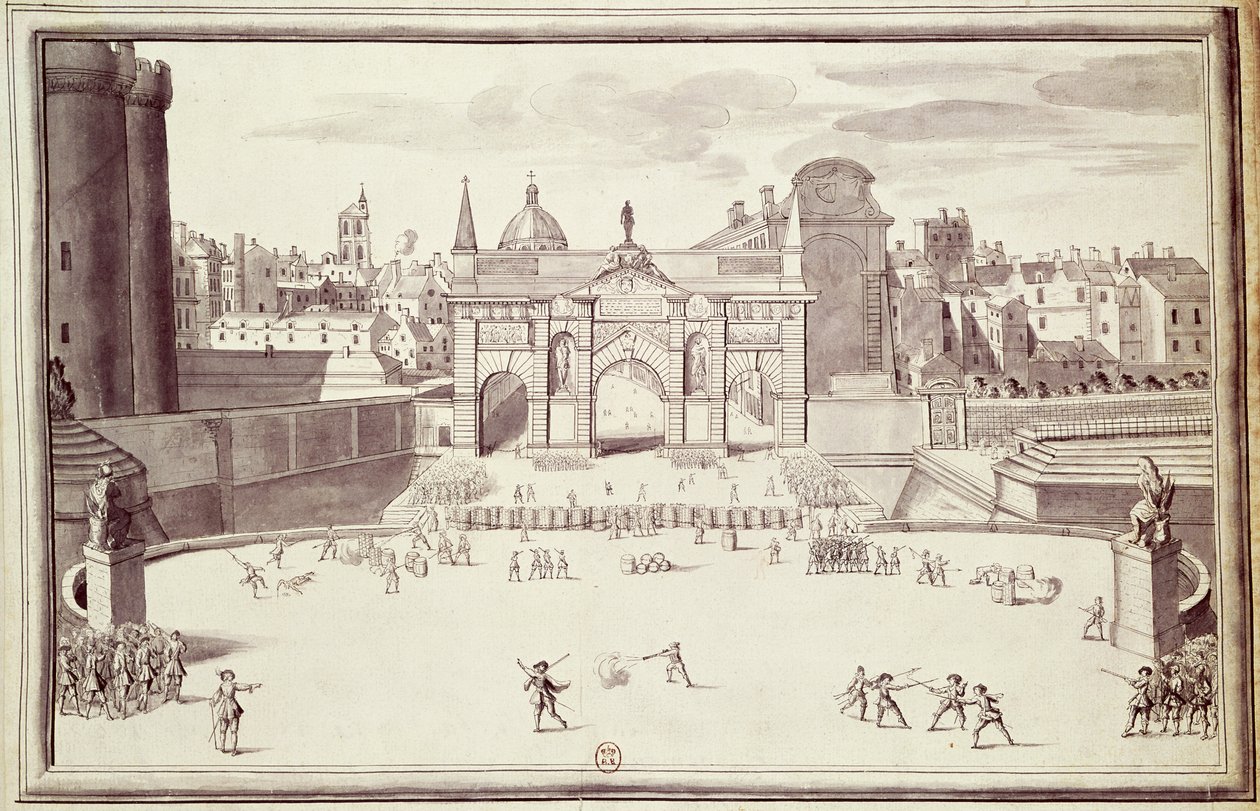 Barrikader ved Porte Sainte-Antoine, 26. august 1648 (penn og blekk på papir) av French School