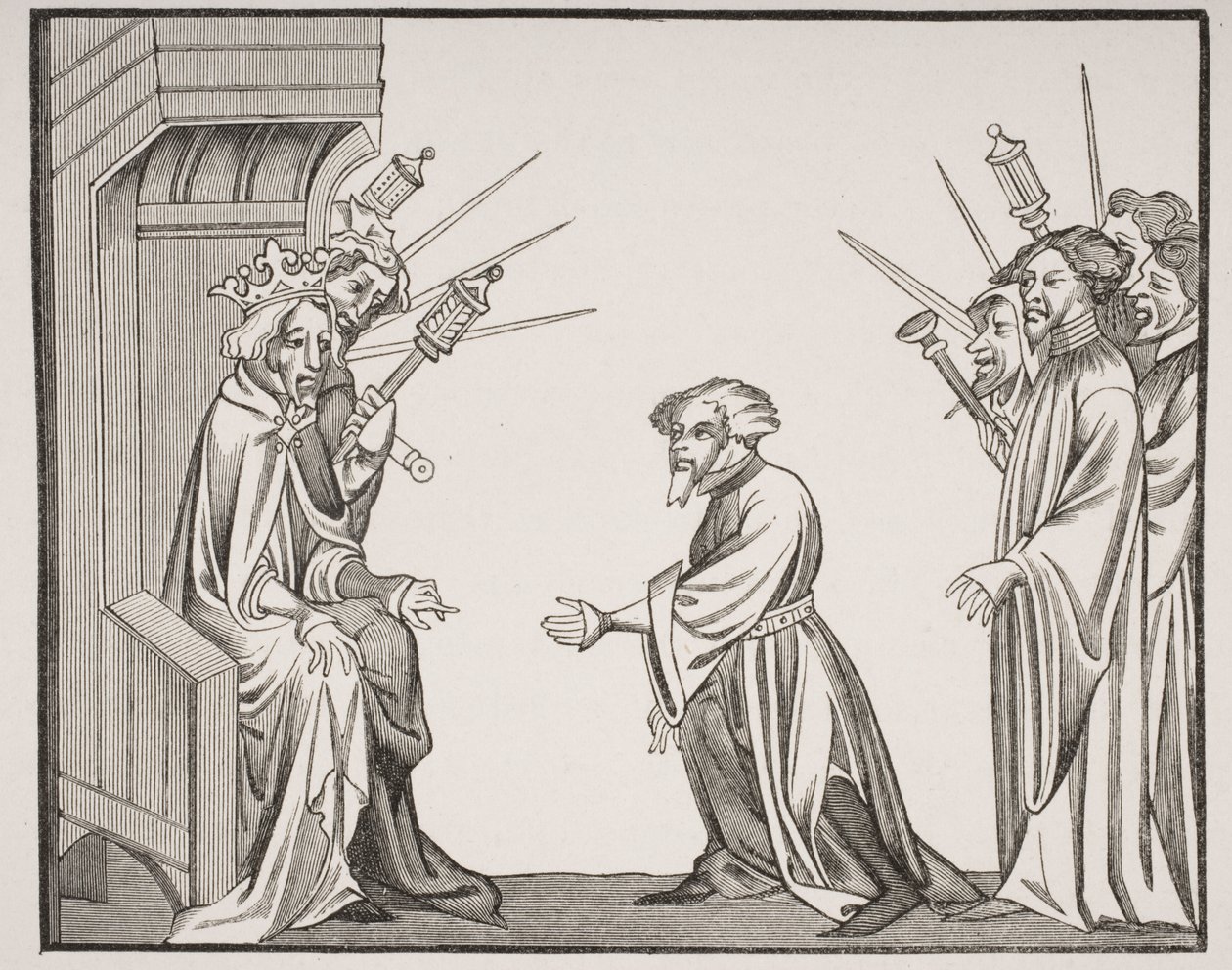 Charlemagne (747-814) mottar eden om troskap og ære fra en av sine store feudatorier eller høybaroner, faksimile av en miniatyr fra 1300-tallet i 'Chronicles of Saint Denis', fra 'Le Moy av French School