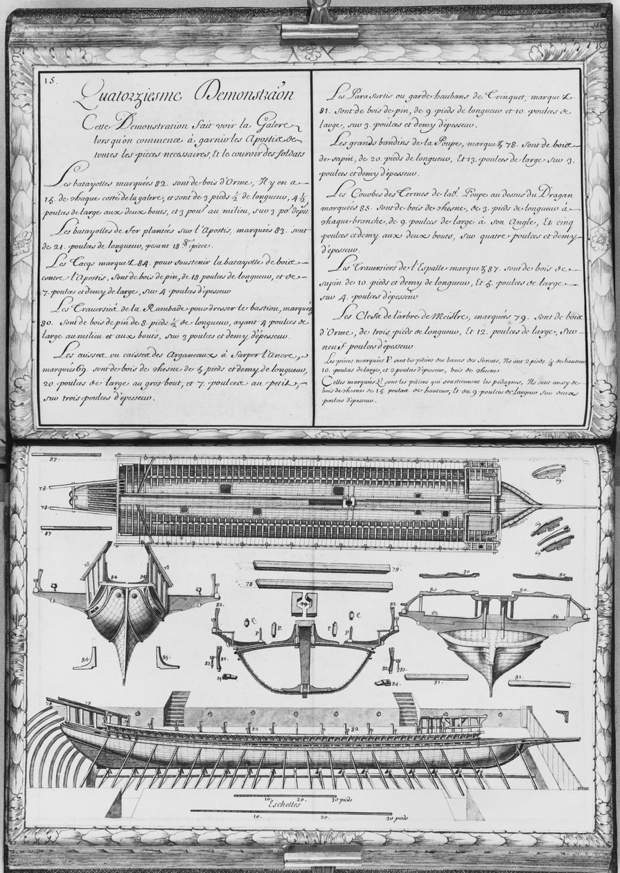 Bygging av en bysse, fjortende demonstrasjon, plate 15, illustrasjon fra 'Demonstrasjoner av alle trestykker, spiker og jernverk som inngår i konstruksjonen av en bysse ...' (penc. av French School