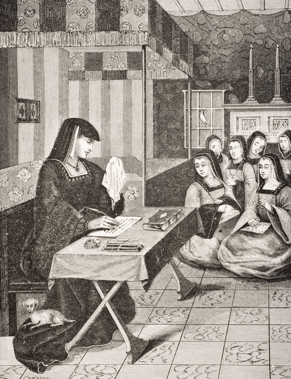 Court of the Ladies of Queen Anne of Bretagne (1477-1514), etter en miniatyr fra 1500-tallet fra 