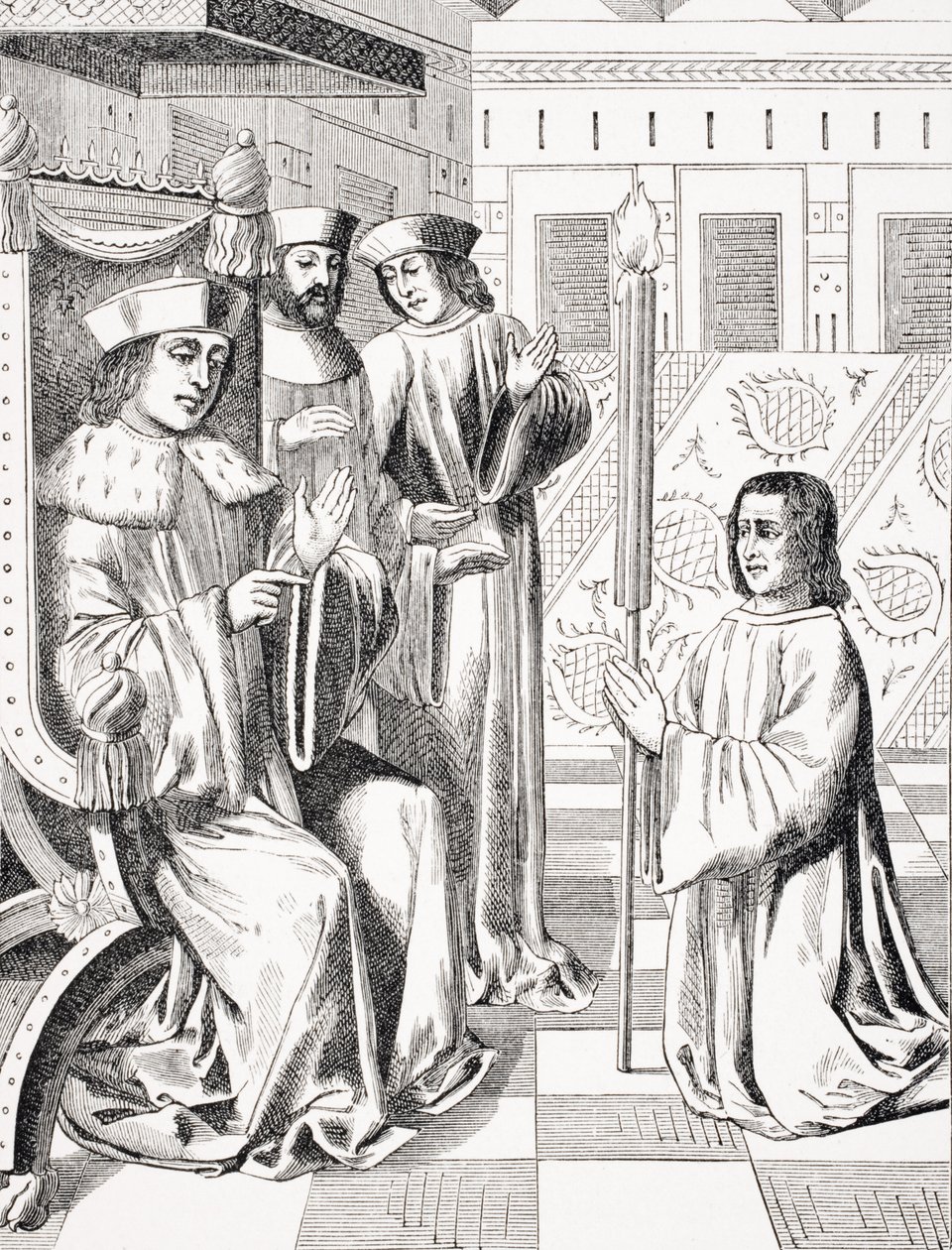 Jacques Coeur (ca. 1395-1456) hyller Charles VII (1403-66), kopi av en miniatyr fra 1400-tallet i 