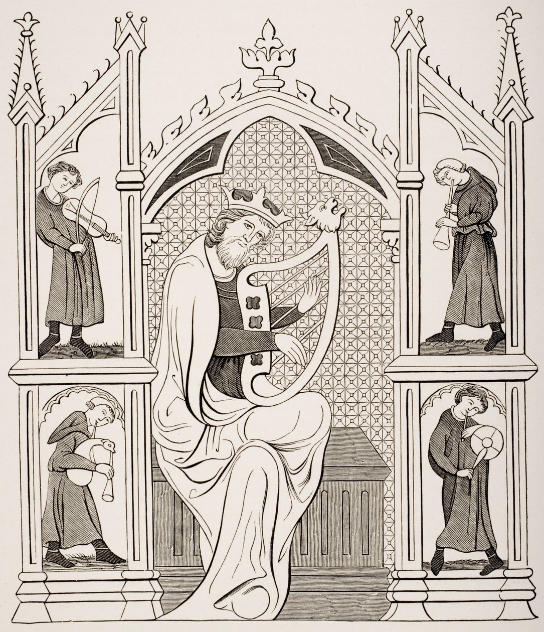 King David Playing the Lyre omgitt av fire musikere, etter en miniatyr i et manuskriptpsalter, fra 