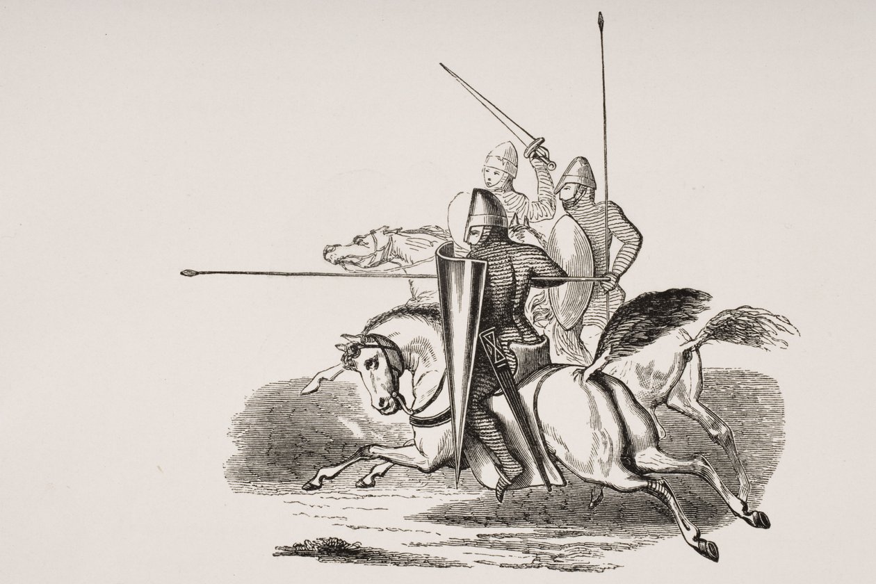 Knights and Men at Arms in the Reign of Louis le Gros, etter en miniatyr i en psalter fra 1100-tallet, fra 