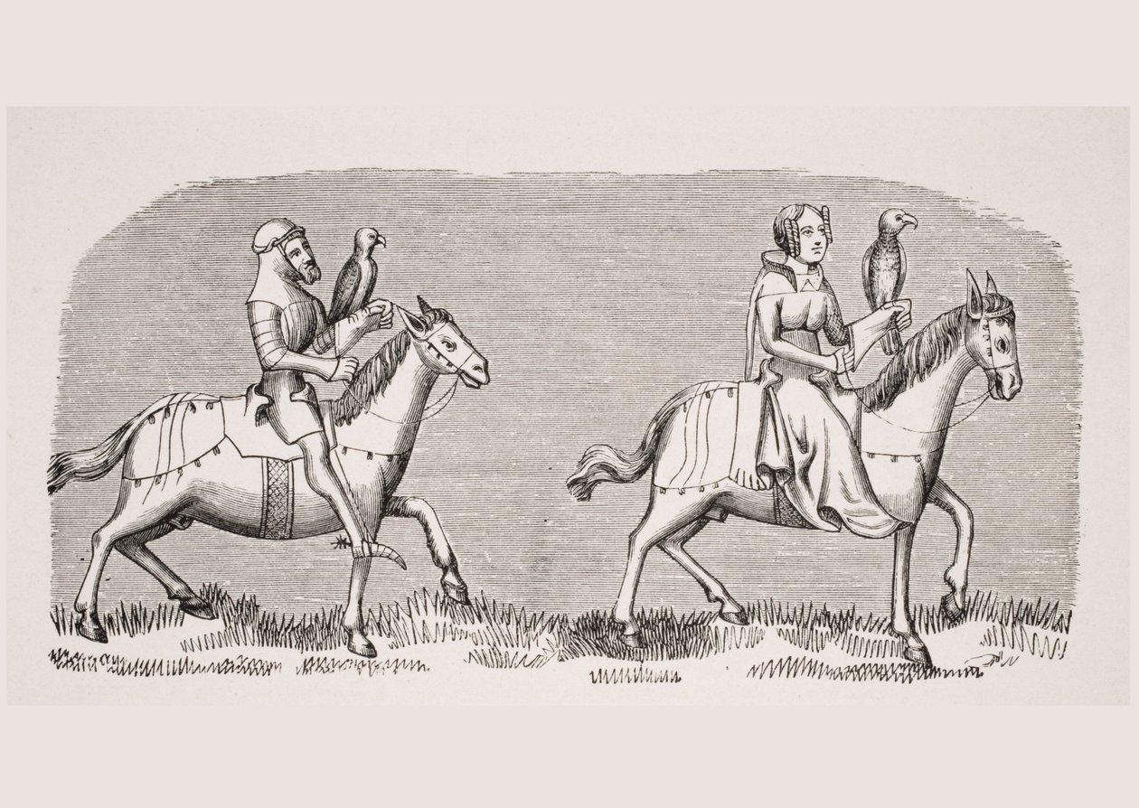 Dame som drar ut på jakt, reproduksjon av en miniatyr i manuskriptet "Livre de Roy du Modus" fra 1300-tallet av Henri de Ferrieres, fra "Le Moyen Age et La Renaissance" av Paul Lacroix (1806-84) publ. av French School