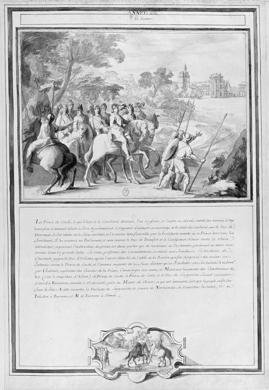 Louis II de Bourbon (1621-86) Prinsen av Conde med sin bror, Armand de Bourbon (1629-66) Prinsen av Conti og Henri II de Longueville (1595-1663) Hertugen av Estouteville rider til Vincennes, 18. januar av French School
