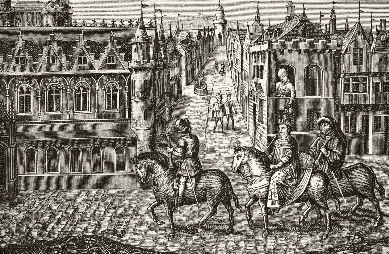 Louis IX får en gryte med urin helt over seg av en student mens han rir til kirken i Paris, fra "Vitenskap og litteratur i middelalderen" av Paul Lacroix (1806-84) publisert i London 1878 av French School