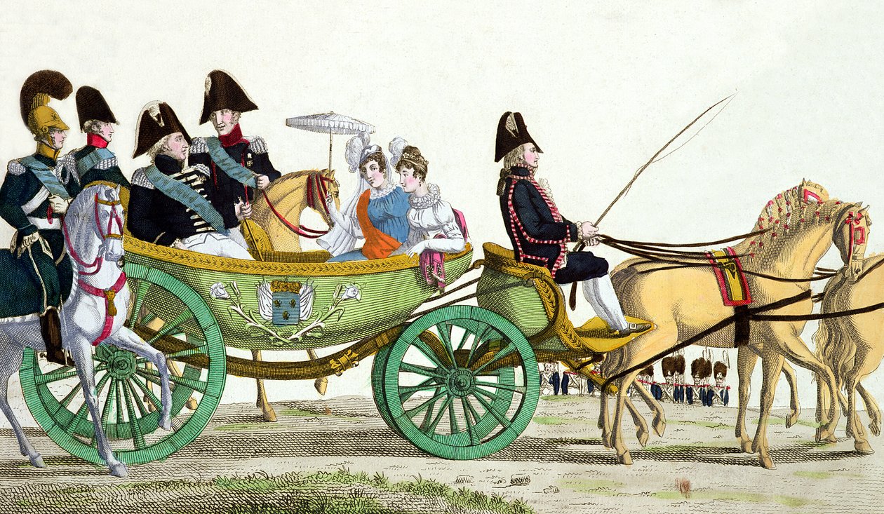 Louis XVIII (1755-1824) og hans familie gjennomgår de kongelige troppene på Champ de Mars, 20. juni 1814, dagen for velsignelsen av flaggene til Garde Royale av French School