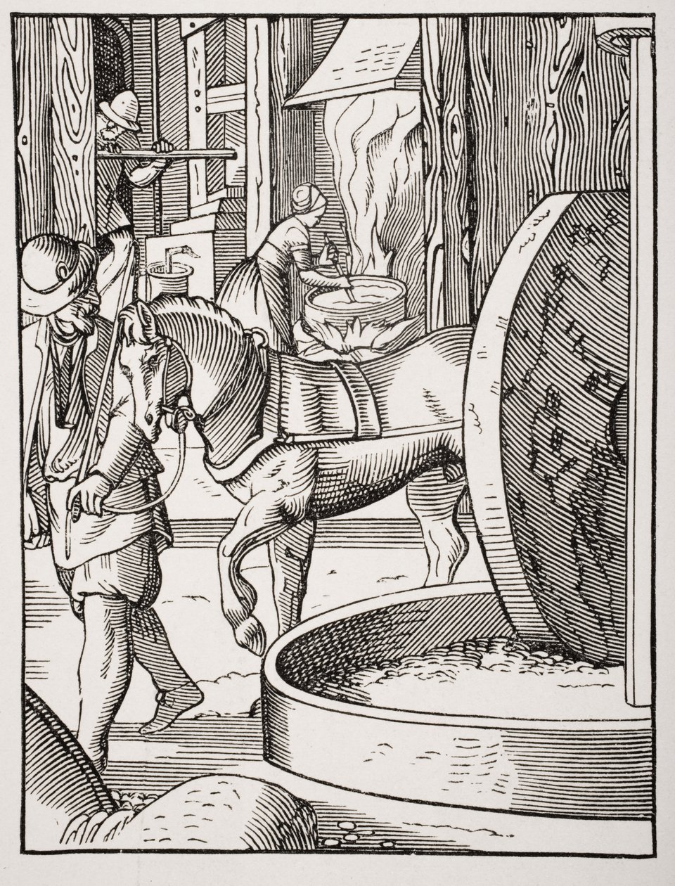 Produksjon av olje, etter en illustrasjon fra 1500-tallet tegnet og gravert av Jost Amman (1539-91) fra 