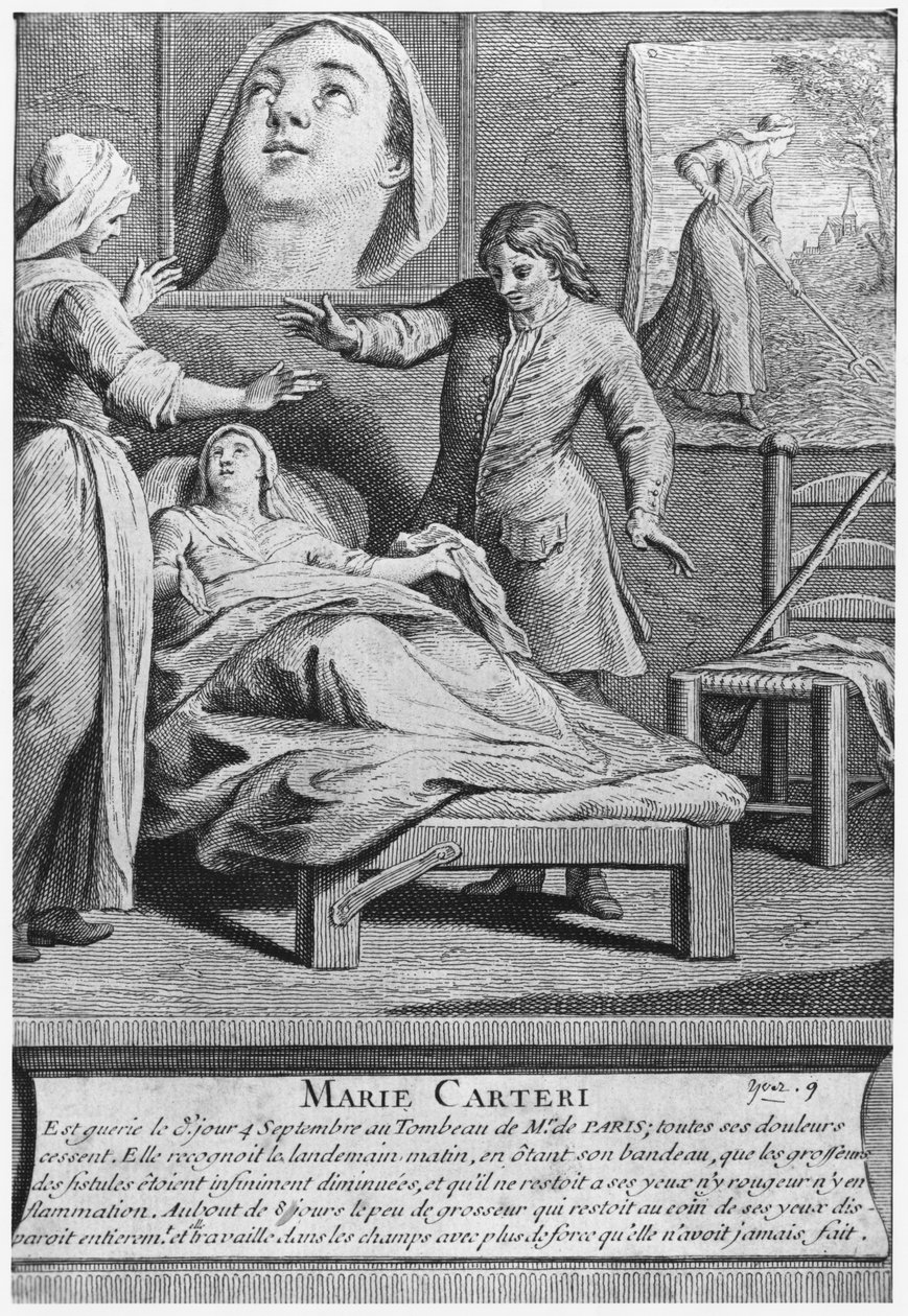 Mirakuløs helbredelse av en blind kvinne, Marie Carteri, på graven til diakon Francois de Paris på sognekirkegården Saint-Medard i Paris, gravert av Pieter Yver (1712-87) 1737 av French School