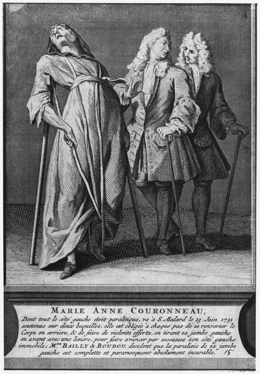 Mirakuløs helbredelse av en lammet Marie-Anne Couronneau, på graven til diakon Francois de Paris på sognekirkegården Saint-Medard i Paris, 13. juni 1731, gravert av Pieter Yver (1712-87) 1737 ( av French School