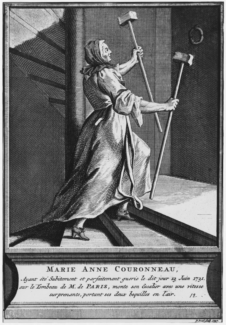 Mirakuløs helbredelse av en lammet Marie-Anne Couronneau, på graven til diakon Francois de Paris på sognekirkegården Saint-Medard i Paris, 13. juni 1731, gravert av Pieter Yver (1712-87) 1737 ( av French School
