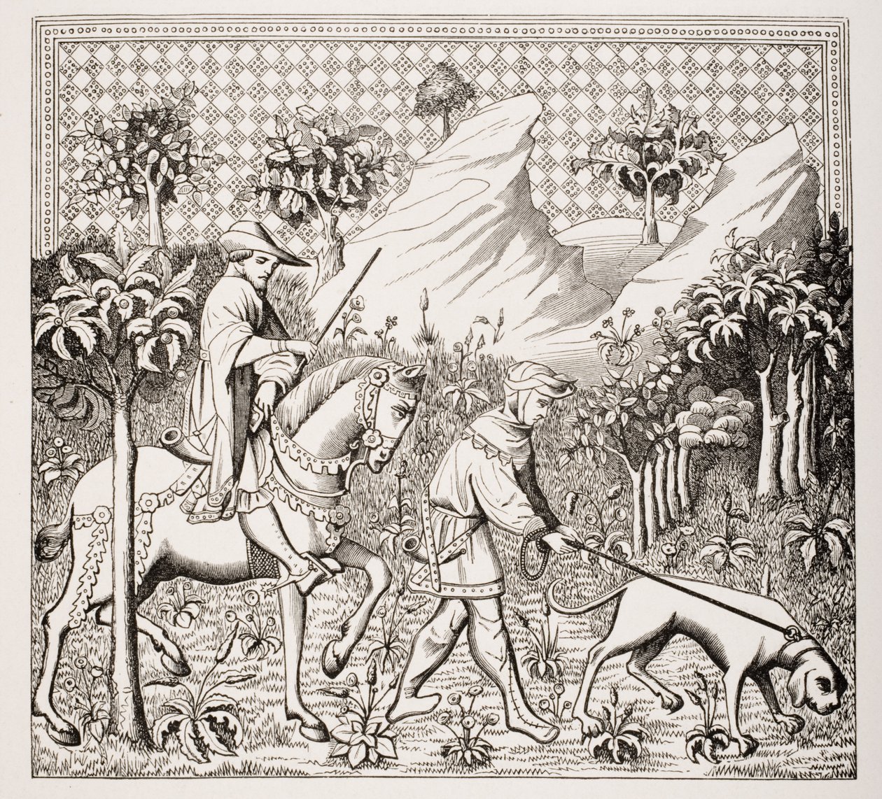 Adelsmann i jaktdrakt med sin tjener og hund, etter en miniatyr fra 1400-tallet i 'Des Deduits de la Chasse des Bestes Sauvages' av Gaston Phoebus, fra 'Le Moyen Age et La Renaissance' av Paul av French School