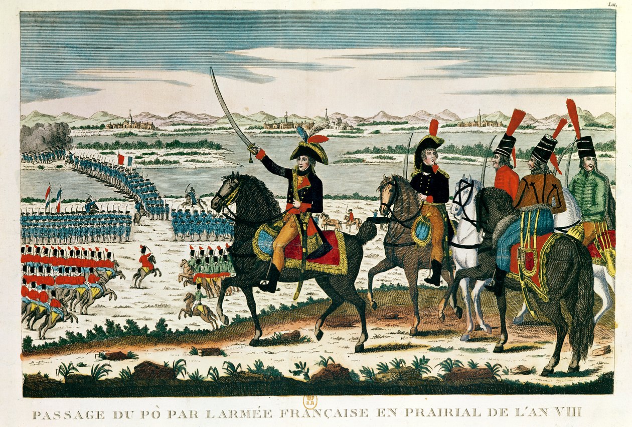 Passasje til Po, før slaget ved Marengo, Prairial, år VIII (farget gravering) av French School