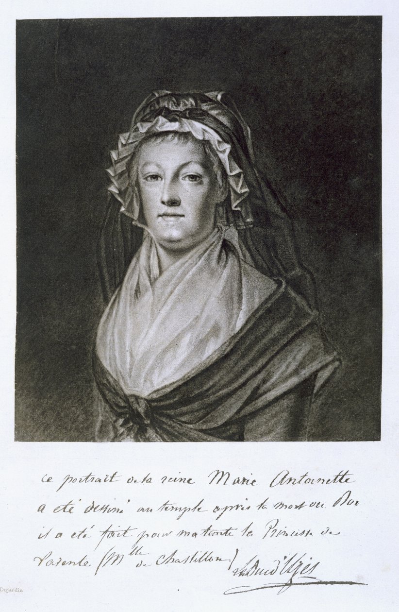 Portrett av Marie Antoinette i Temple-fengselet, gravert av Dujardin, fra 'Souvenirs de la Revolution: Mes Parents', av Charles, Duc de la Tremoille, utgitt Paris, 1901 (heliogravure) av French School