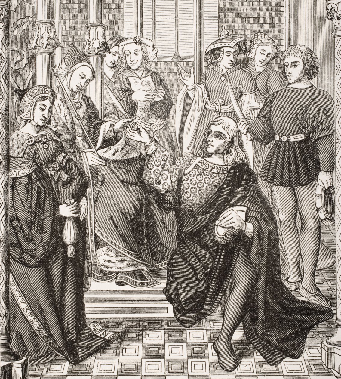 Dronning Fredegond gir ordre til to menn fra Terouanne om å myrde Sigbert, kongen av Austrasia, fra 'Le Moyen Age et La Renaissance' av Paul Lacroix (1806-84) publisert 1847 av French School