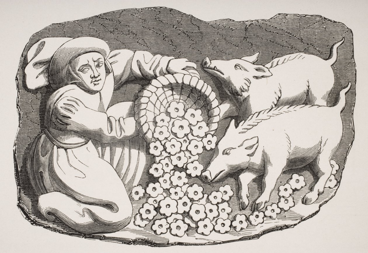 Reproduksjon av en treskjæring fra 1400-tallet på en bod i katedralen i Rouen som representerer ordtaket "Margaritas ante Porcos" eller "Throwing Pearls before Swine", fra "Le Moyen Age et La Renaissance" av av French School