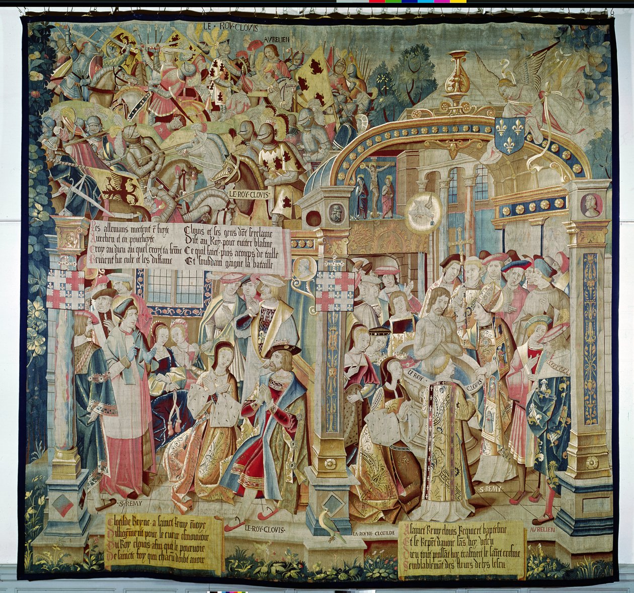 Scener fra livet til St. Remigius (d.533) biskop av Reims: slaget ved Tolbiac i 496: omvendelsen og dåpen til Clovis I (465-511), kongen av frankerne, 1531 (teppe) av French School
