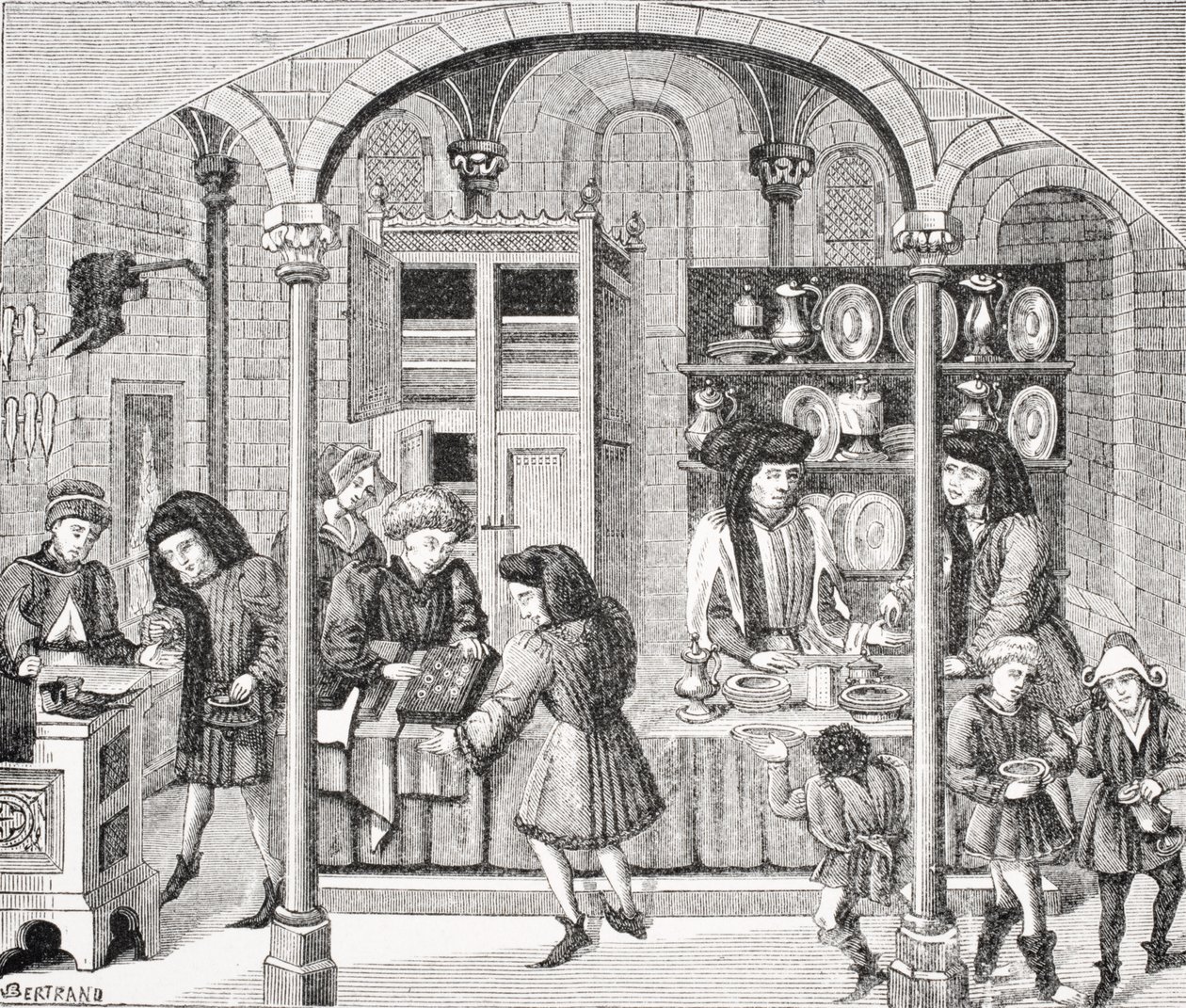 Butikker under et dekket marked, etter en miniatyr i en oversettelse fra 1300-tallet av Aristoteles 