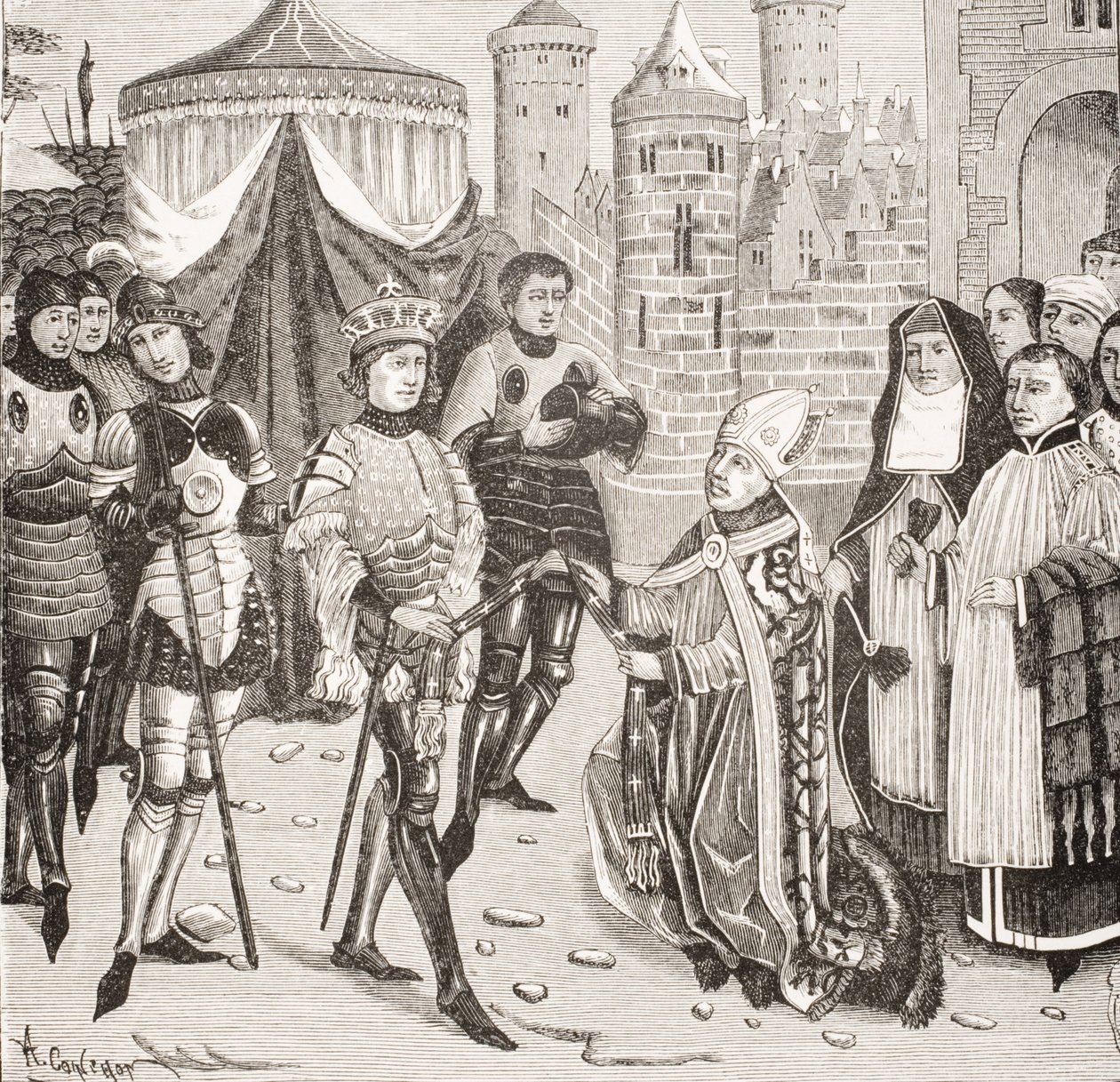 St. Remy, biskop av Reims ber kong Clovis (465-511) returnere en hellig vase stjålet av frankerne under plyndringen av Soissons, etter en miniatyr i manuskriptet til 