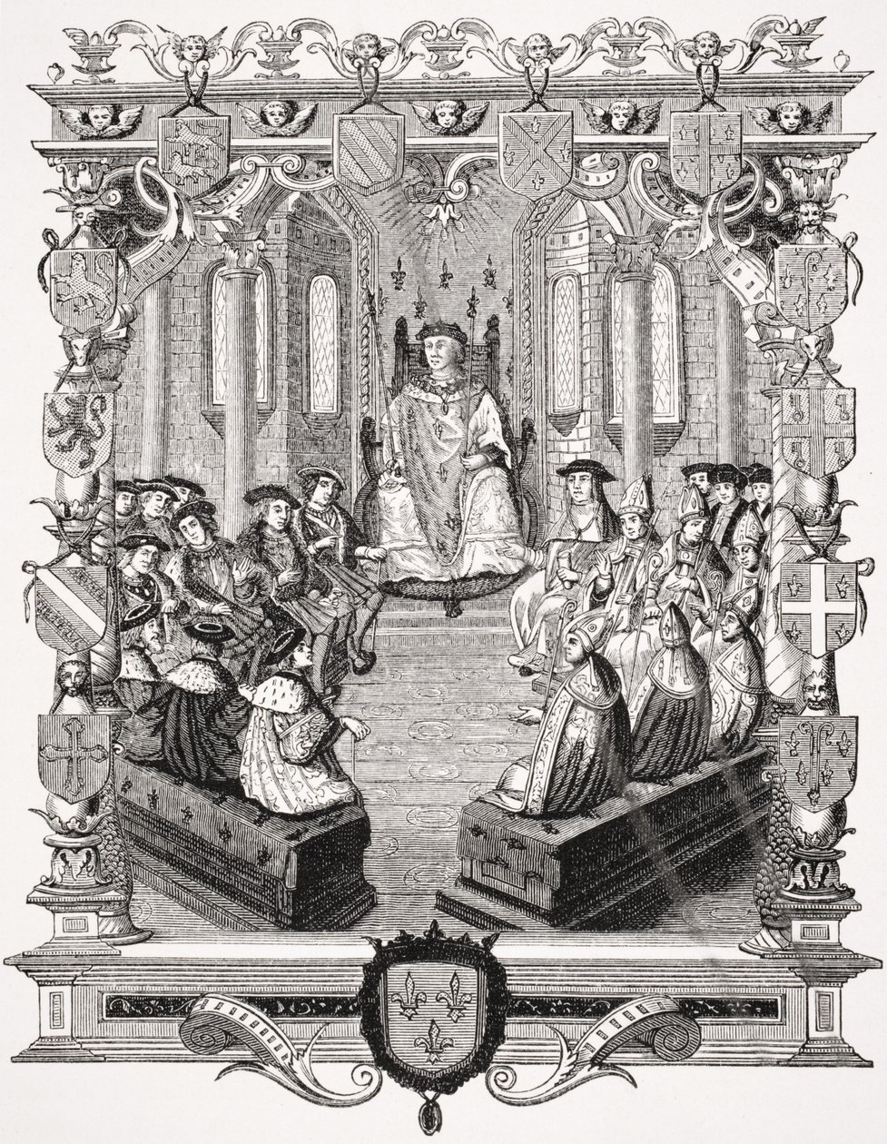 Den borgerlige rettssaken mot Charles de Bourbon (1490-1527) Før de jevnaldrende i Frankrike, 1523, etter en gravering i 