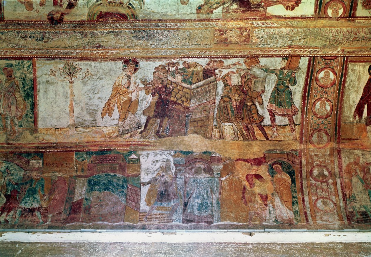 Byggingen av Babelstårnet (øvre register); Møtet mellom Josef og Potifars kone, og Josef blir kastet i fengsel (nedre register), fra skipshvelvet, ca. 1100 av French School
