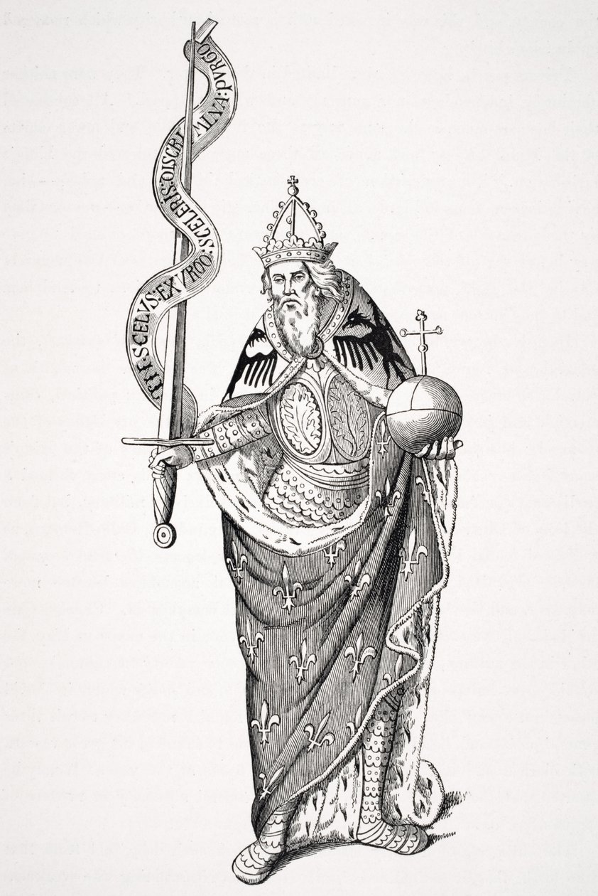 Keiseren Charlemagne (747-814) som holder kloden og sverdet, etter en miniatyr i registrene til universitetet i Paris, fra 