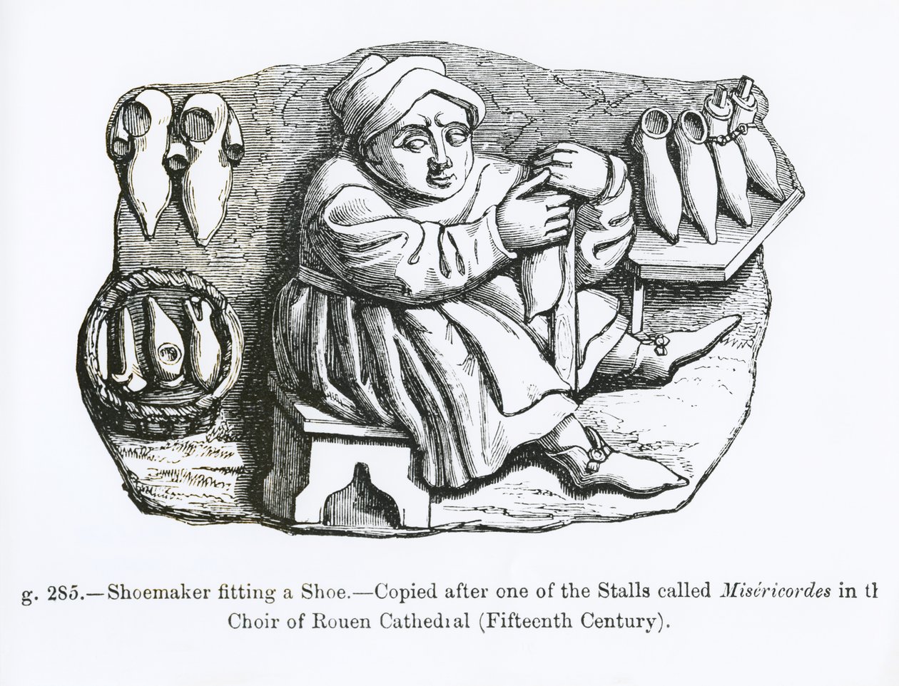 The Shoemaker Fitting a Shoe, kopiert fra en av Misericordia-bodene i koret i Rouen-katedralen, illustrasjon fra 