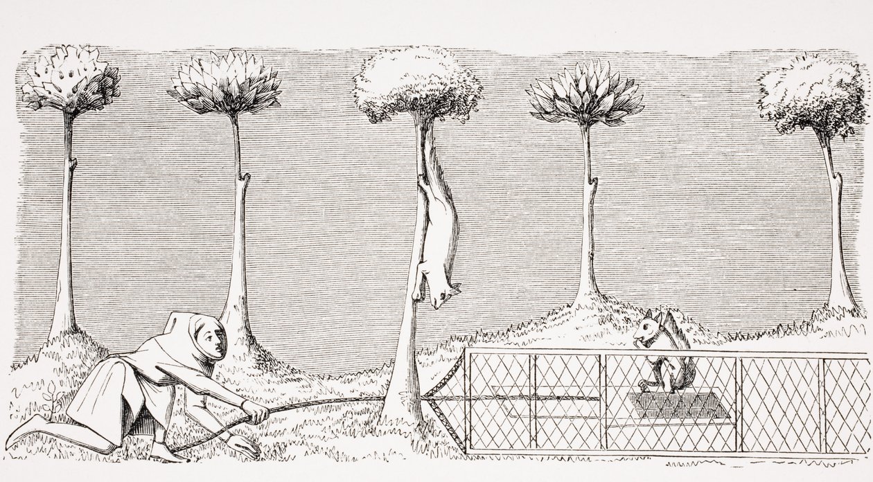 Veien til å fange ekorn på bakken i skogen, etter en miniatyr i 1400-tallets manuskript av Phoebus, fra 