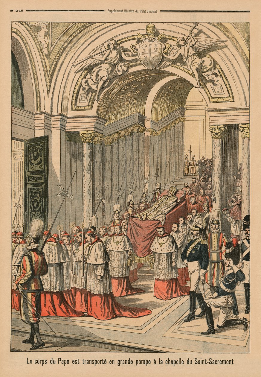 Kroppen til pave Leo XIII bæres med stor pomp og pomp til Det hellige sakraments kapell, baksideillustrasjon fra 