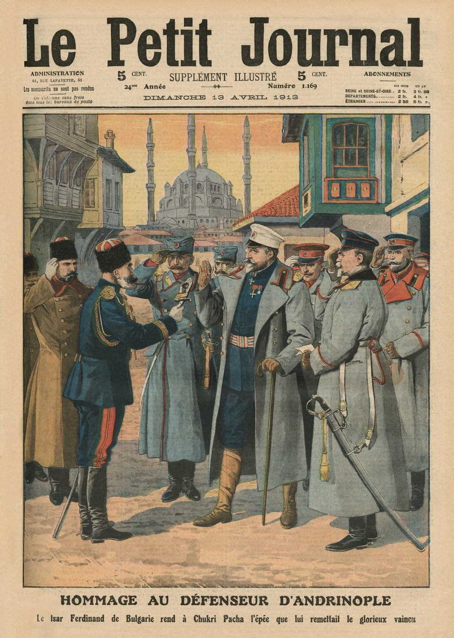 Hyllest til forsvareren av Andrianople, tsar Ferdinand I av Bulgaria gir tilbake til Shukri Pasha sverdet til den strålende beseirede, forsideillustrasjon fra 