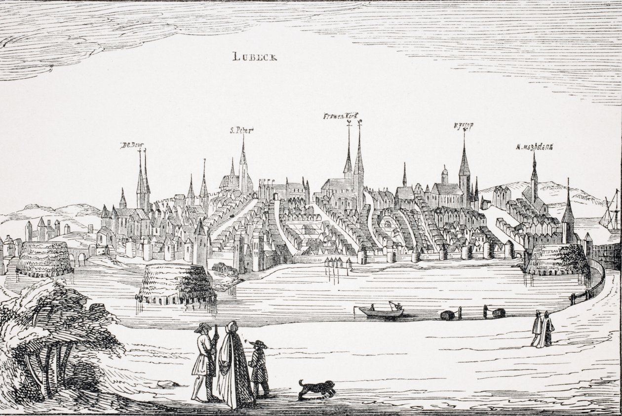 Utsikt over Lubeck og dens havn på 1500-tallet, etter en kobberplate i 