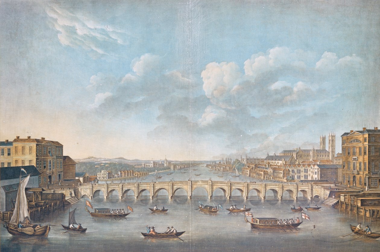 Utsikt over Westminster Bridge, gravert av Pierre Michel Alix (1762-1817), 1799 (fargegravering) av French School