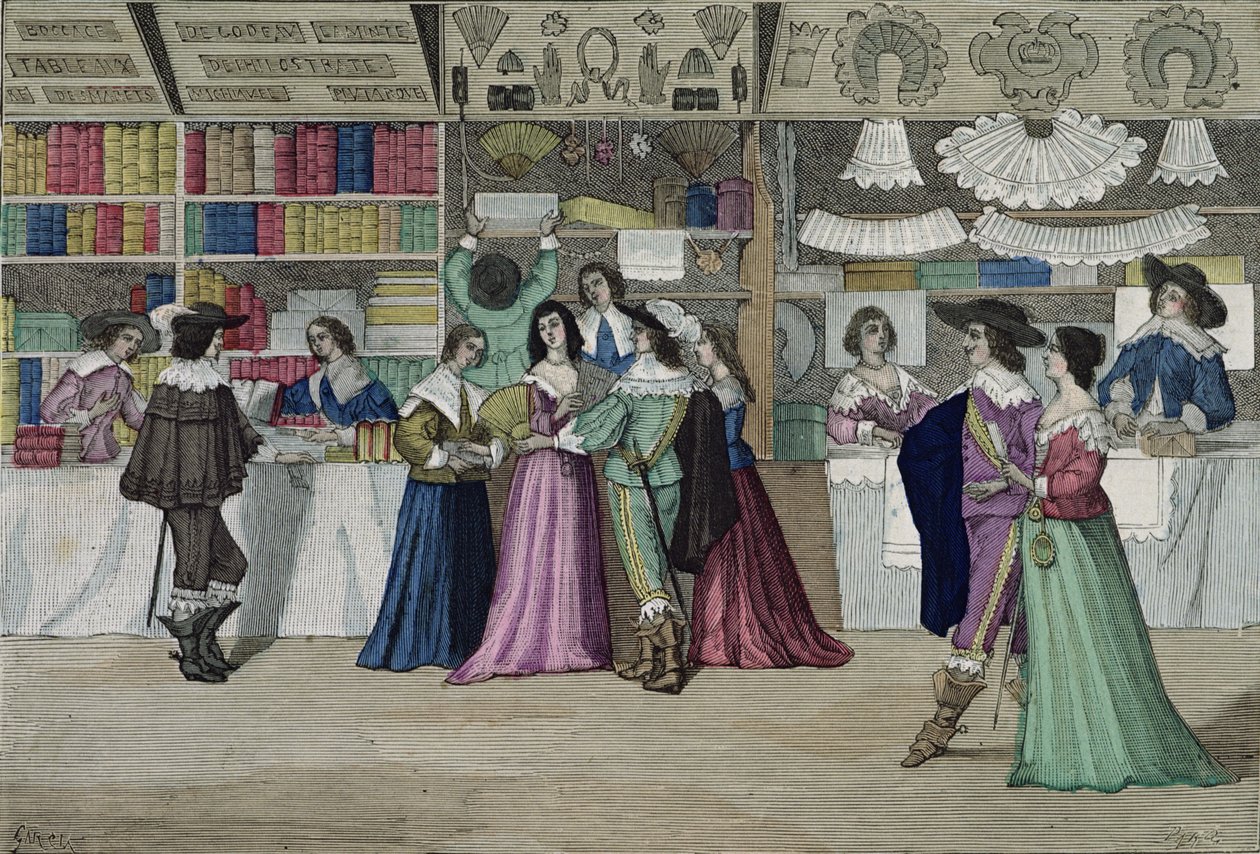 Butikker i galleriet i Palais de Justice på Louis XIIIs tid (1601-43) fra 