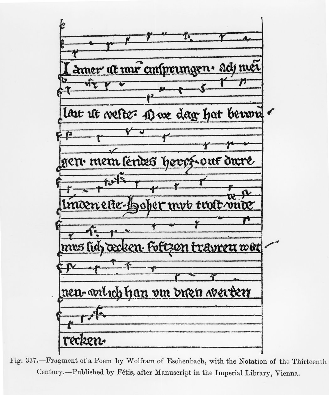 Fragment av et dikt av Wolfram av Eschenbach, utgitt av Fetis, illustrasjon fra 