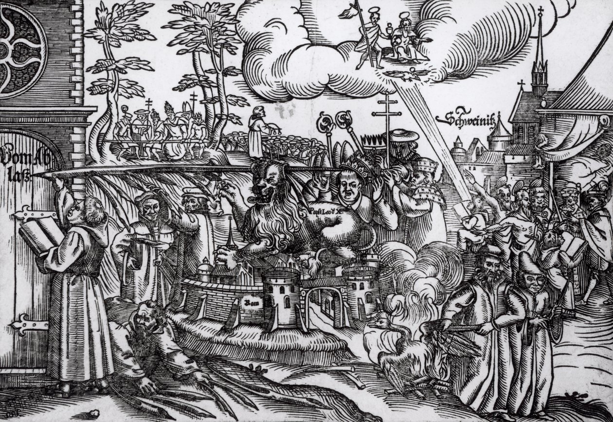 Martin Luther (1483-1546) skrev på kirkedøren i Wittenberg i 1517 (tresnitt) (bw-foto) av German School