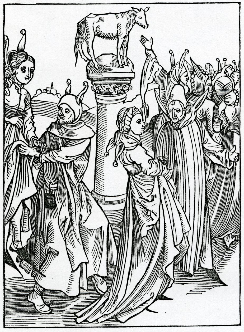 Av lepynges og dauncis og fjoller som passer deres tid i suche vanyte, illustrasjon fra Alexander Barclays engelske oversettelse av 'The Ship of Fools', fra en utgave utgitt i 1874 av German School