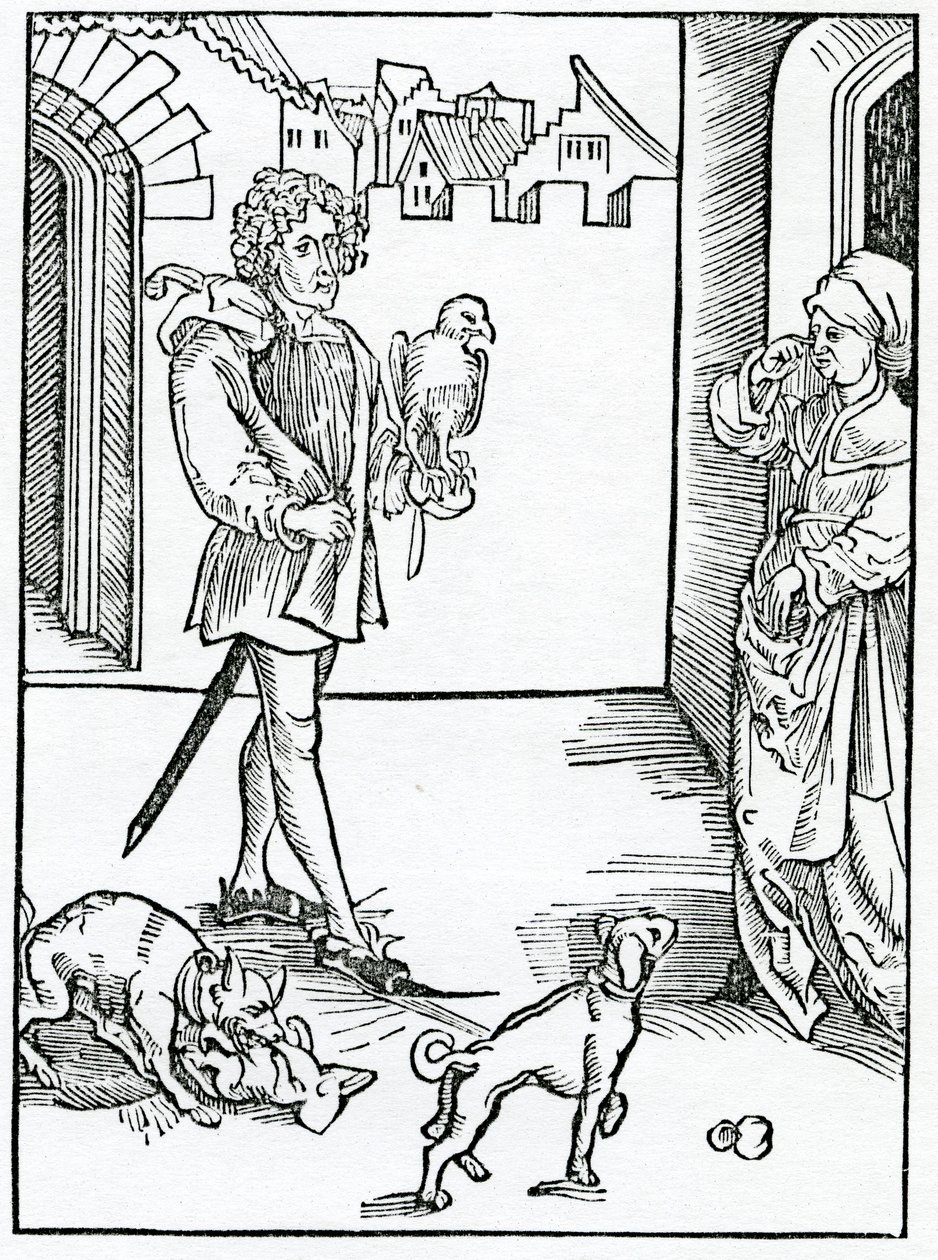 Av dem som larmer om tale og gjør andre ting vnlauful og uærlig i ye Church of God, illustrasjon fra Alexander Barclays engelske oversettelse av 'The Ship of Fools', fra av German School