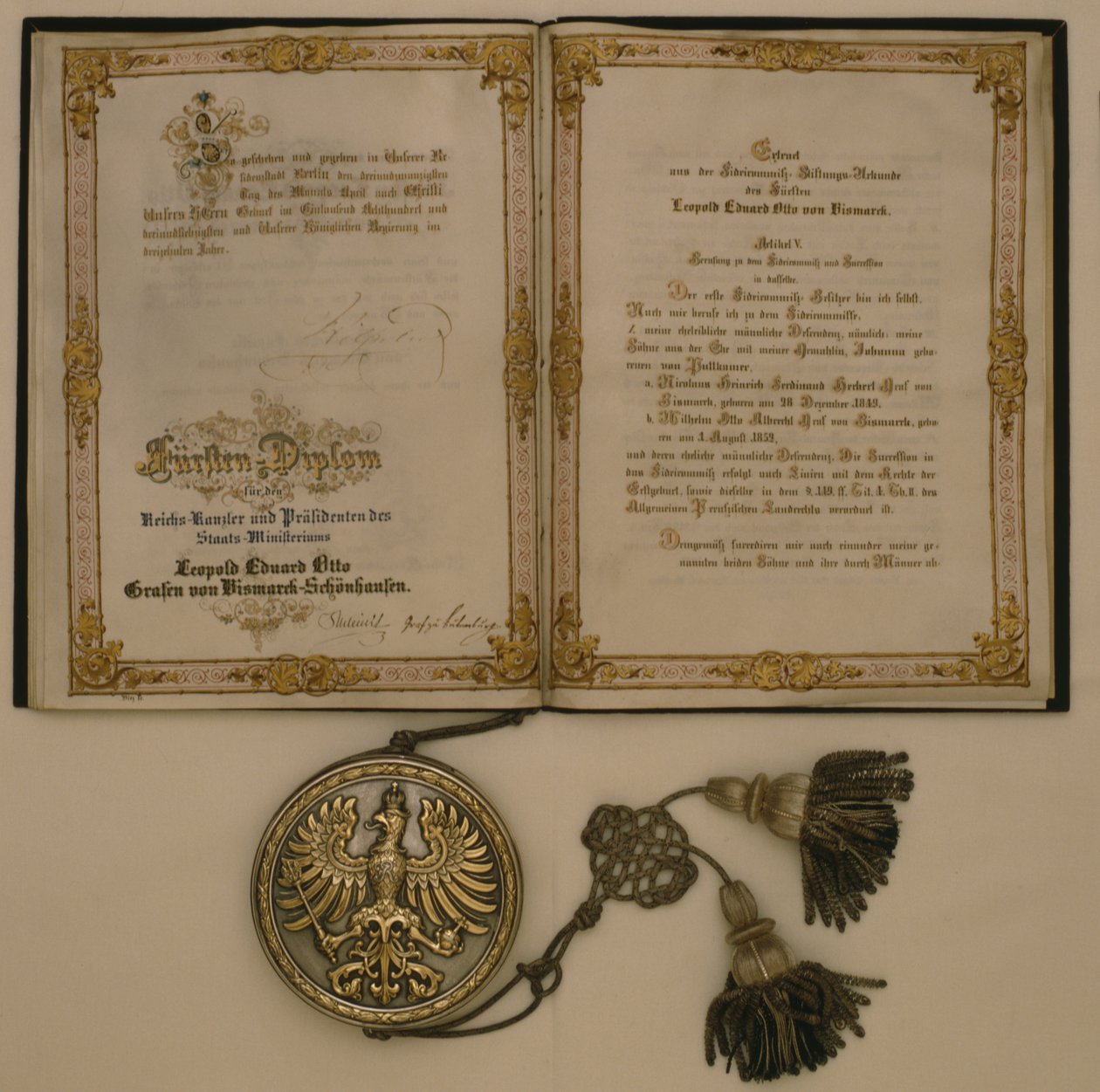Prinsdiplom for kansleren for det nordtyske forbund og ministerpresidenten i Preussen Leopold Eduard Otto grev von Bismarck-Schoenhausen, 23. april 1873 (blandet media) av German School