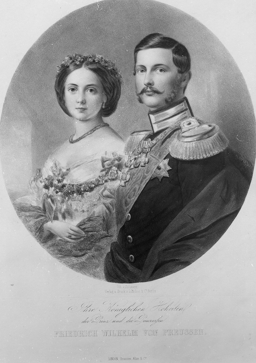 Bryllupsportrett av deres kongelige høyheter prinsesse Victoria (1840-1901) og kronprins Frederick William av Preussen (1831-88) 25. januar 1858, gravert av Carl Sussnapp av German School