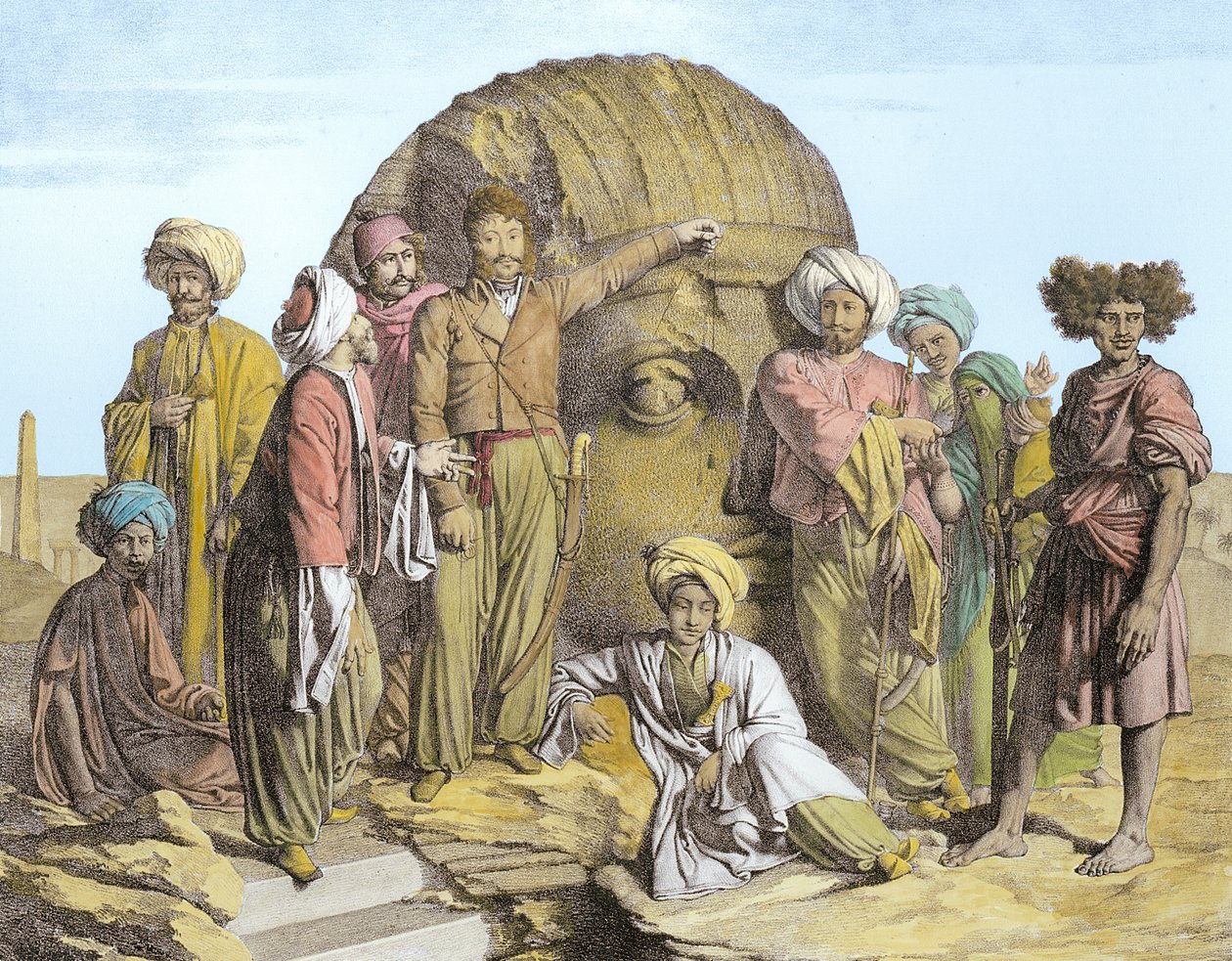 Monsieur Drovetti og hans tilhengere bruker et lodd for å måle et kolossalt hode i den egyptiske ørkenen, gravert av G. Engelmann, fra 