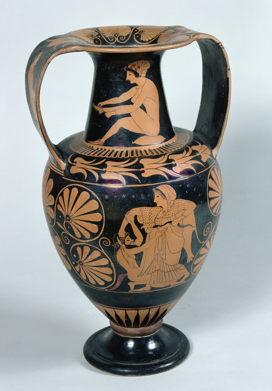 Lofts rød-figur amfora som viser en maenade og en satyr, av Panphaios (keramikk) av Greek