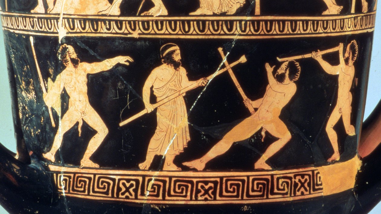 Attic rød-figur calyx-krater som viser (over) gjerningene til Theseus og (under) satyrene Sikinnis, Komos og Simos tenner fakler fra kull Prometheus bærer i en fennikelstilk, ca. 420 f.Kr. (keramikk) av Greek
