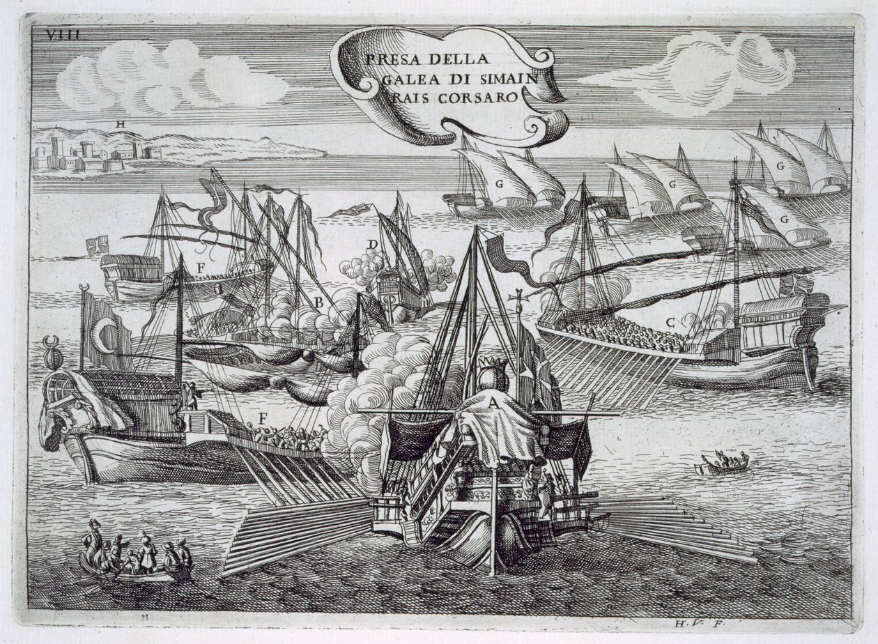 Capture of the Galeass of Simeon Rais, corsair, illustrasjon fra 'Values of Toscany In the Most Significant Enterprises of the Knights of Santo Stefano' av Fulvio Fontana, gravert av H. Vincent, 1701 (gravert av Italian School