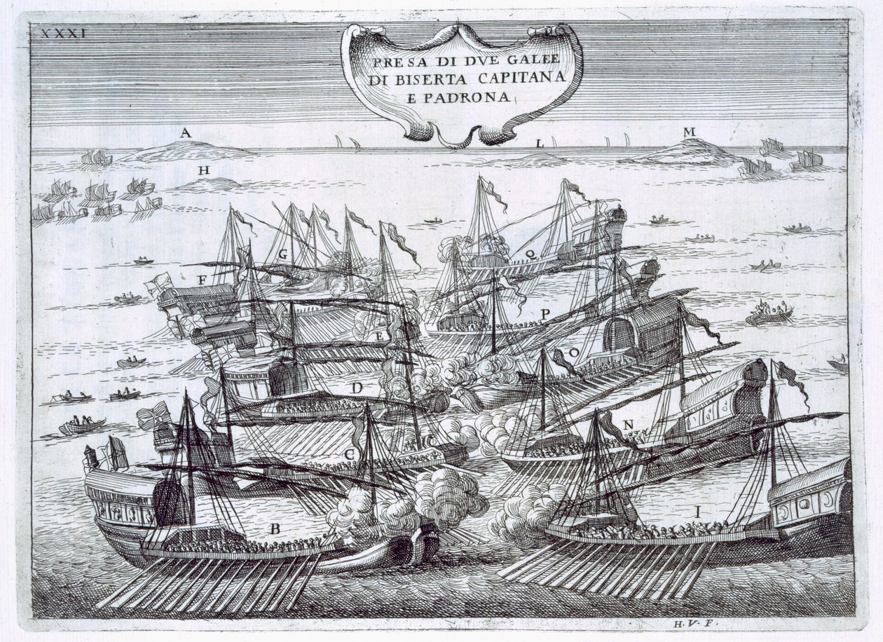 To galleoner av Birserta tatt av italienerne i en kamp mot hode, hovedsakelig av galeasses, illustrasjon fra 'Values of Toscany In the Most Significant Enterprises de Cavalieri di Santo Stefano' av Fu av Italian School
