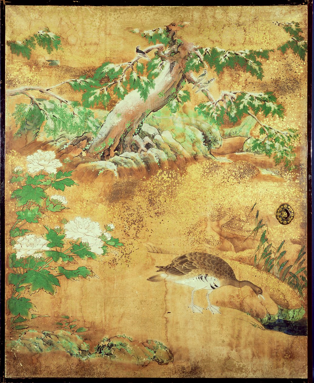 Skyvedørspanel for fugler og blomster (blekk, farger, gull og sølv på papir) av Japanese School