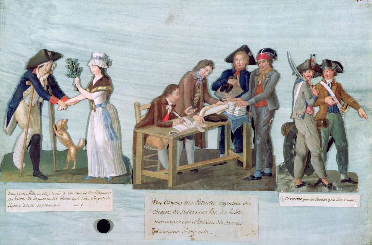 En kvinne som lover å gifte seg med sin sårede frier etter krigen, patriotiske borgere som donerer klærne sine til de kjempende frivillige og vaktene nær kanonen deres, ca. 1792 (gouache på kort) av Lesueur Brothers
