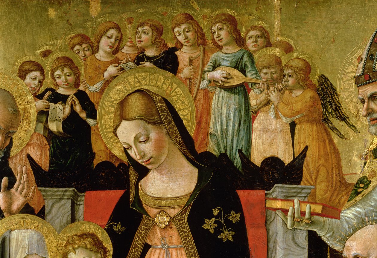 The Marriage of Saint Catherine of Siena, detalj om hodet til Jomfruen og englene, ca. 1481-1500 (tempera og olje på panel) (se også 99056) (for detaljer se 99638) av Lorenzo d Alessandro da Severino II