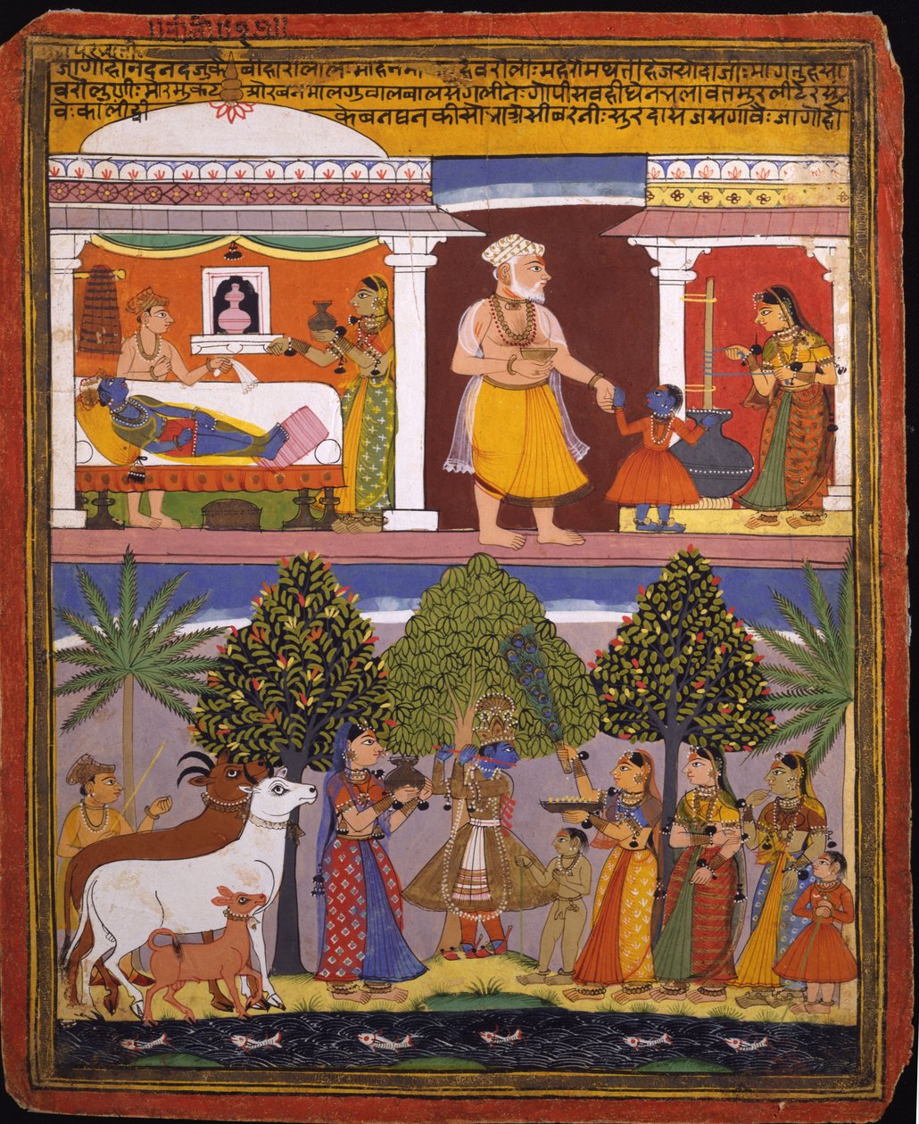 Scener fra barndommen Krishna, fra et Sur Sagar -manuskript av   Manohar