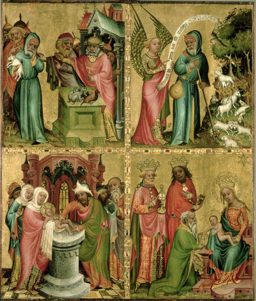 Joachims offer, Kristi omskjæring, bebudelsen til den hellige Joachim og tilbedelsen av vismennene fra venstre fløy av Buxtehude-alteret, 1400-10 (tempera på panel) av Master Bertram of Minden