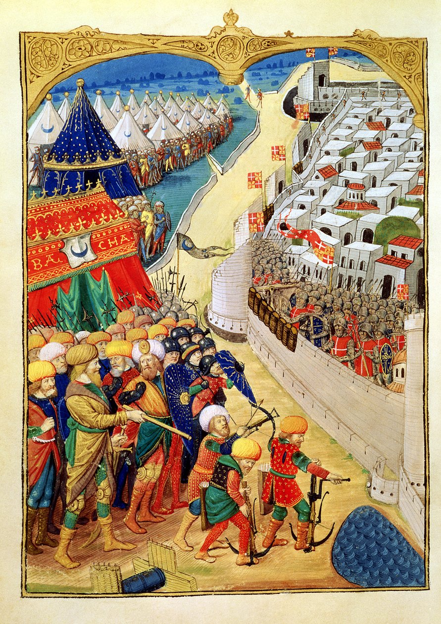 Lat 6067 f.55v De tyrkiske styrkene forbereder seg til kamp utenfor Rhodos murer i 1480, fra 